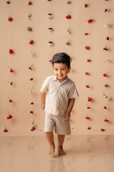 Beige Linen Bowler shirt shorts co-ord set for boys