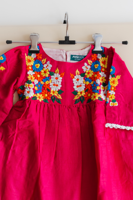 Bright Pink floral embroidery dress for girls