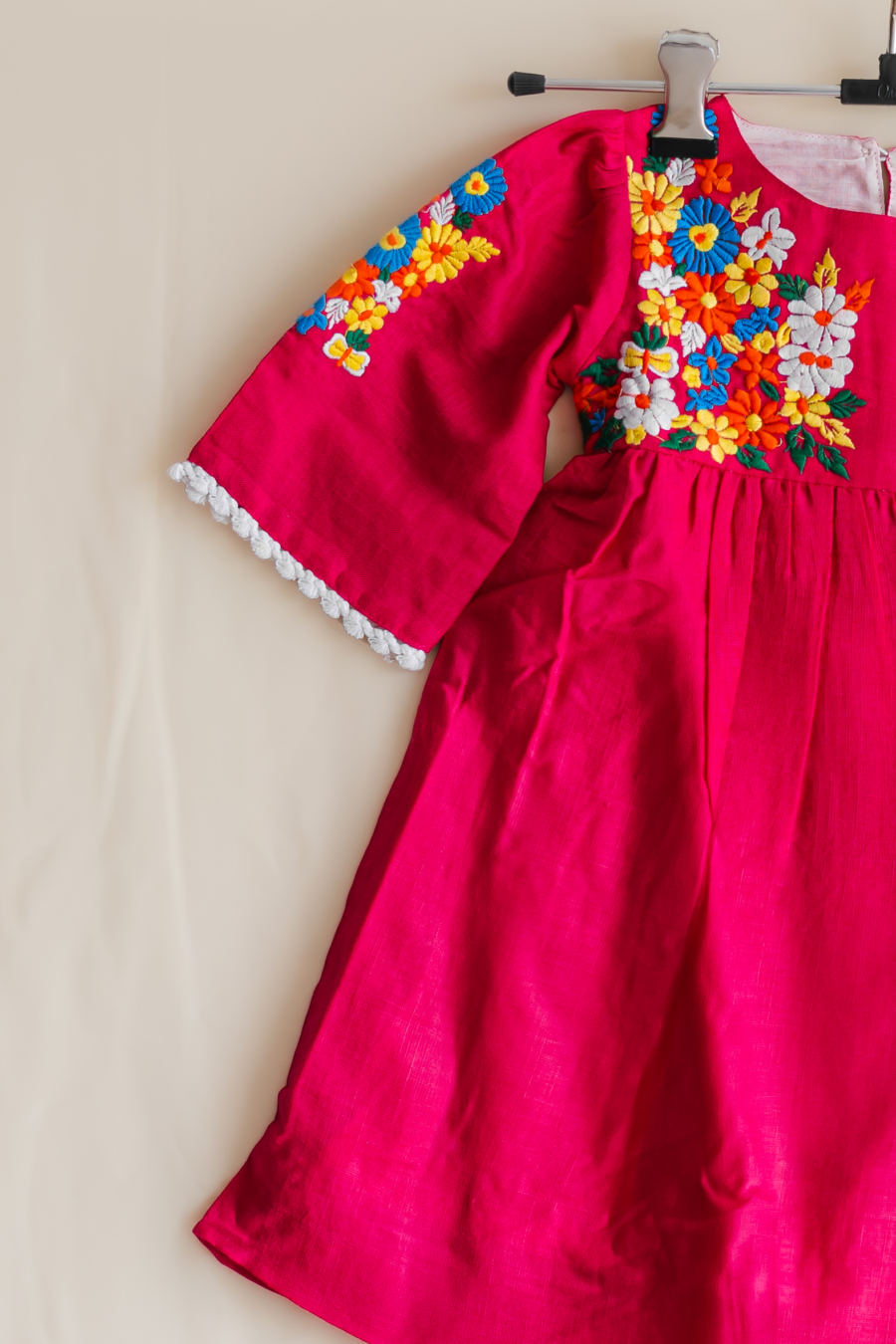 Bright Pink floral embroidery dress for girls - Image 3
