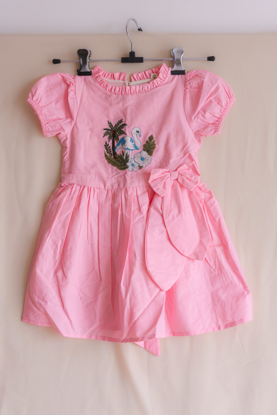 Flamingo embroidered Dress with bow for girls - Image 2