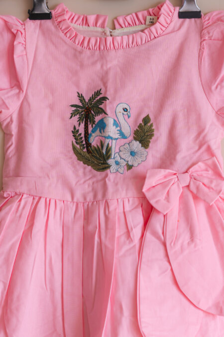 Flamingo embroidered Dress with bow for girls