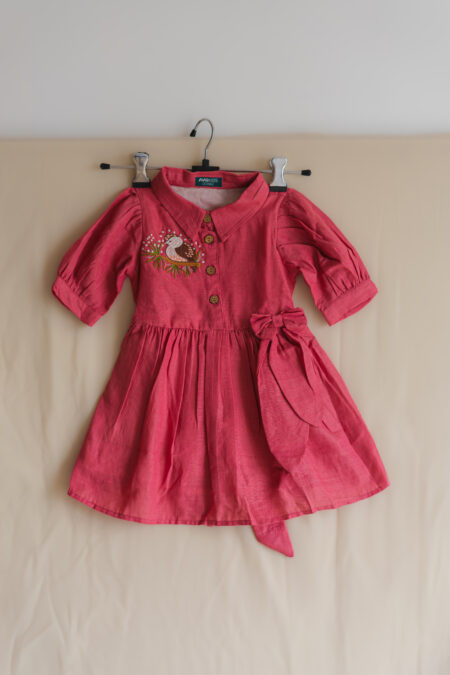 Pink Birdie Dress with collar for girls