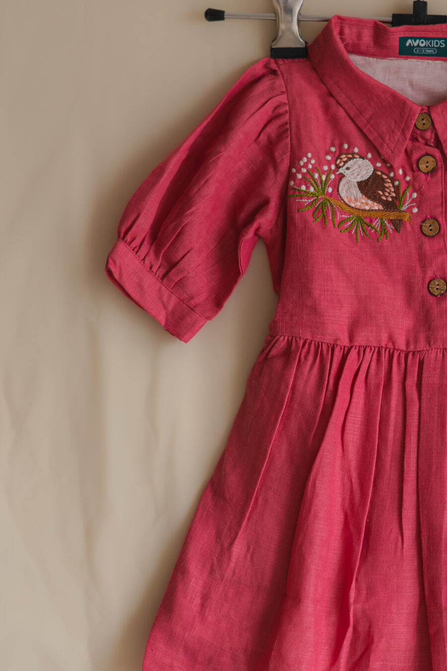 Pink Birdie Dress with collar for girls - Image 2