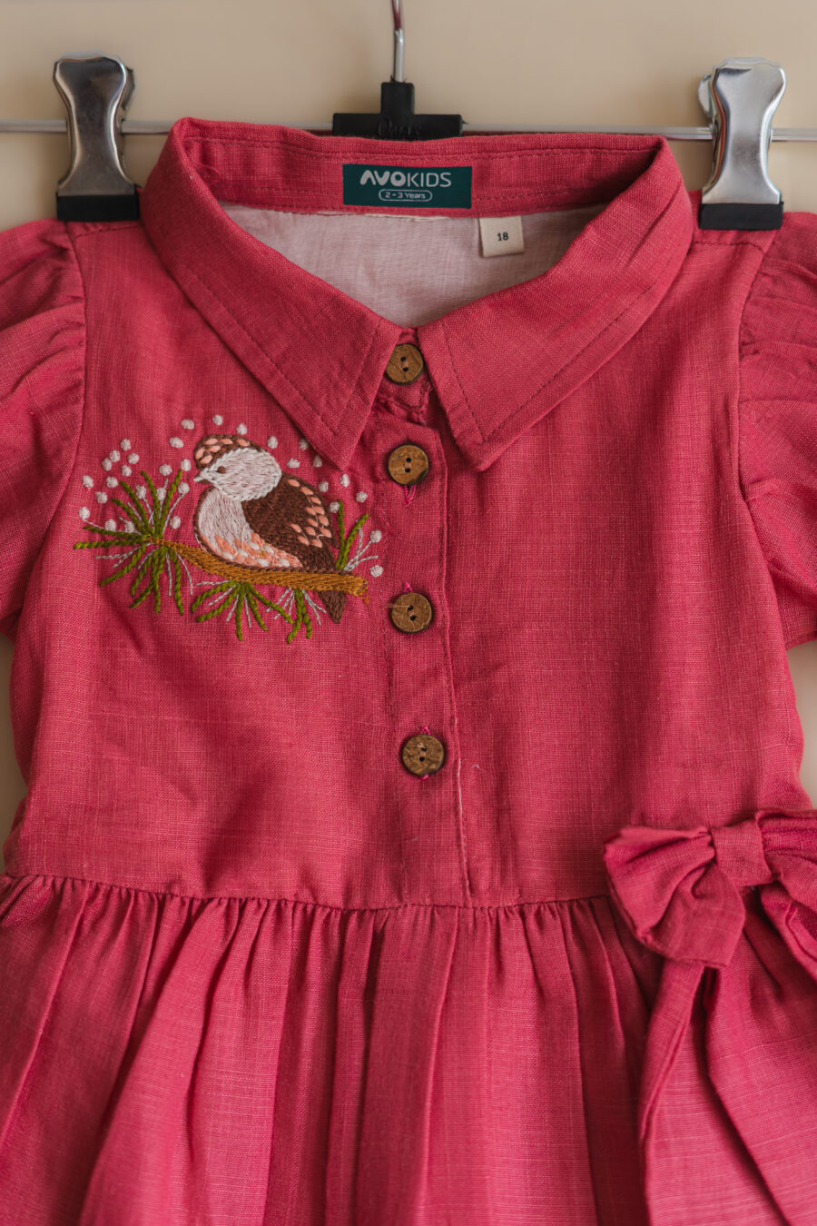 Pink Birdie Dress with collar for girls - Image 3