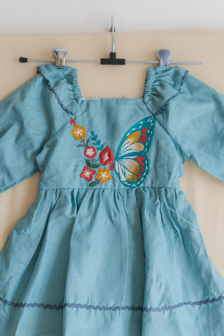 Dusty blue Butterfly embroidered dress for girls