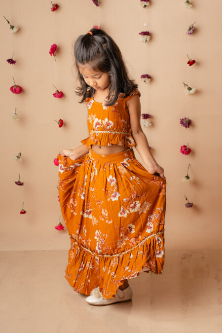 Mustard crop top & full skirt set for girls