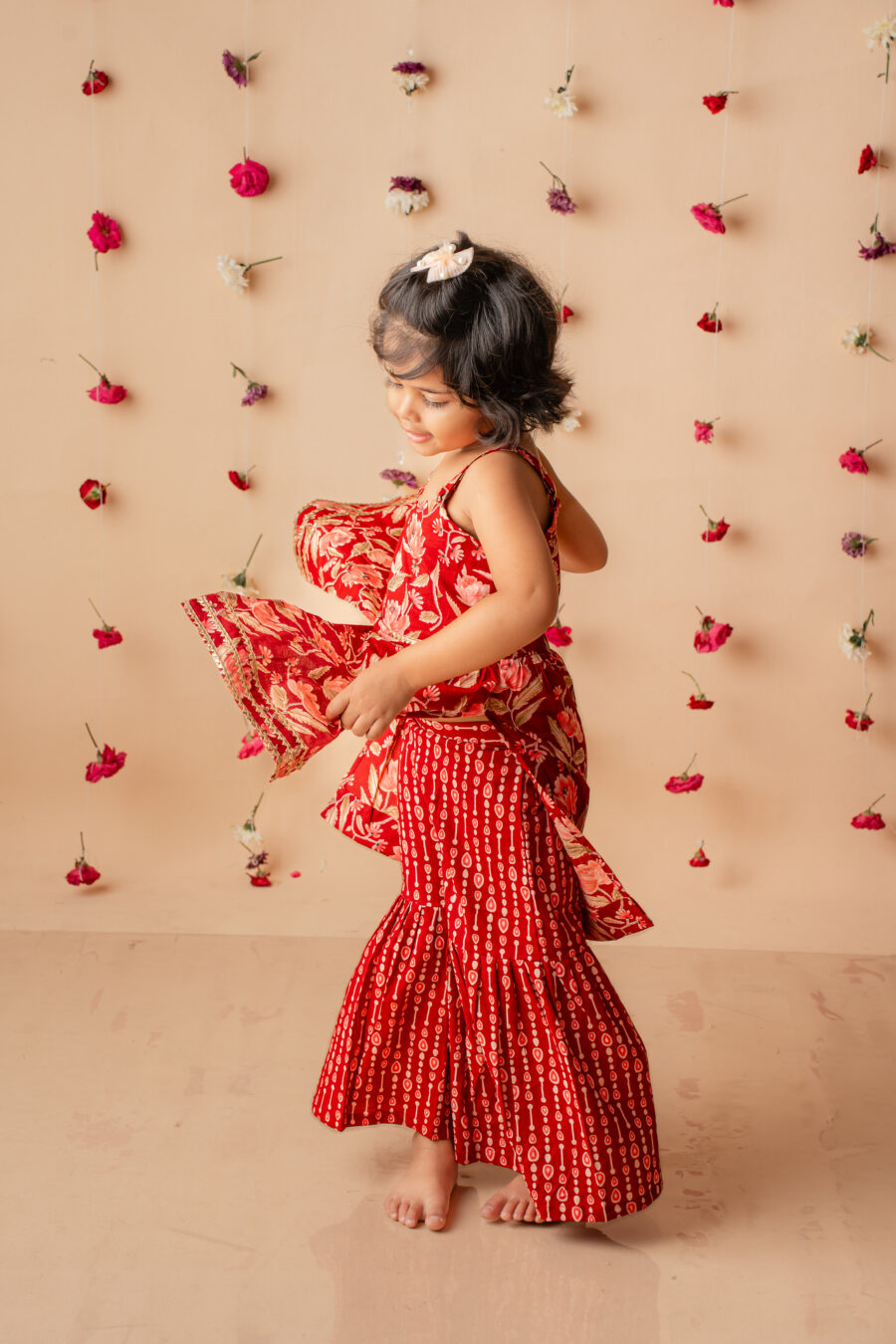 Red floral cotton sharara co-ord set for girls - Image 3