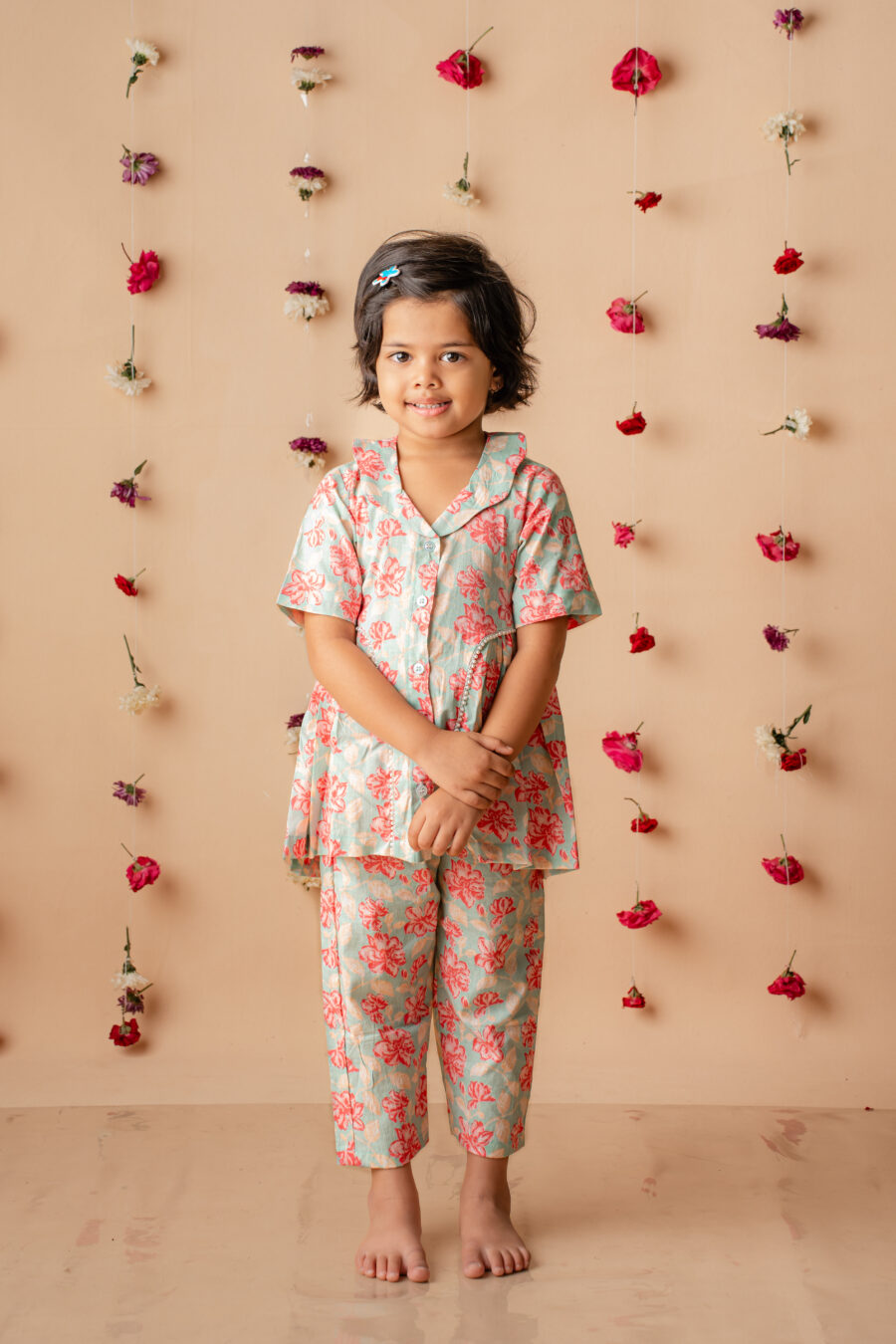 Blue floral long top with pant set for girls