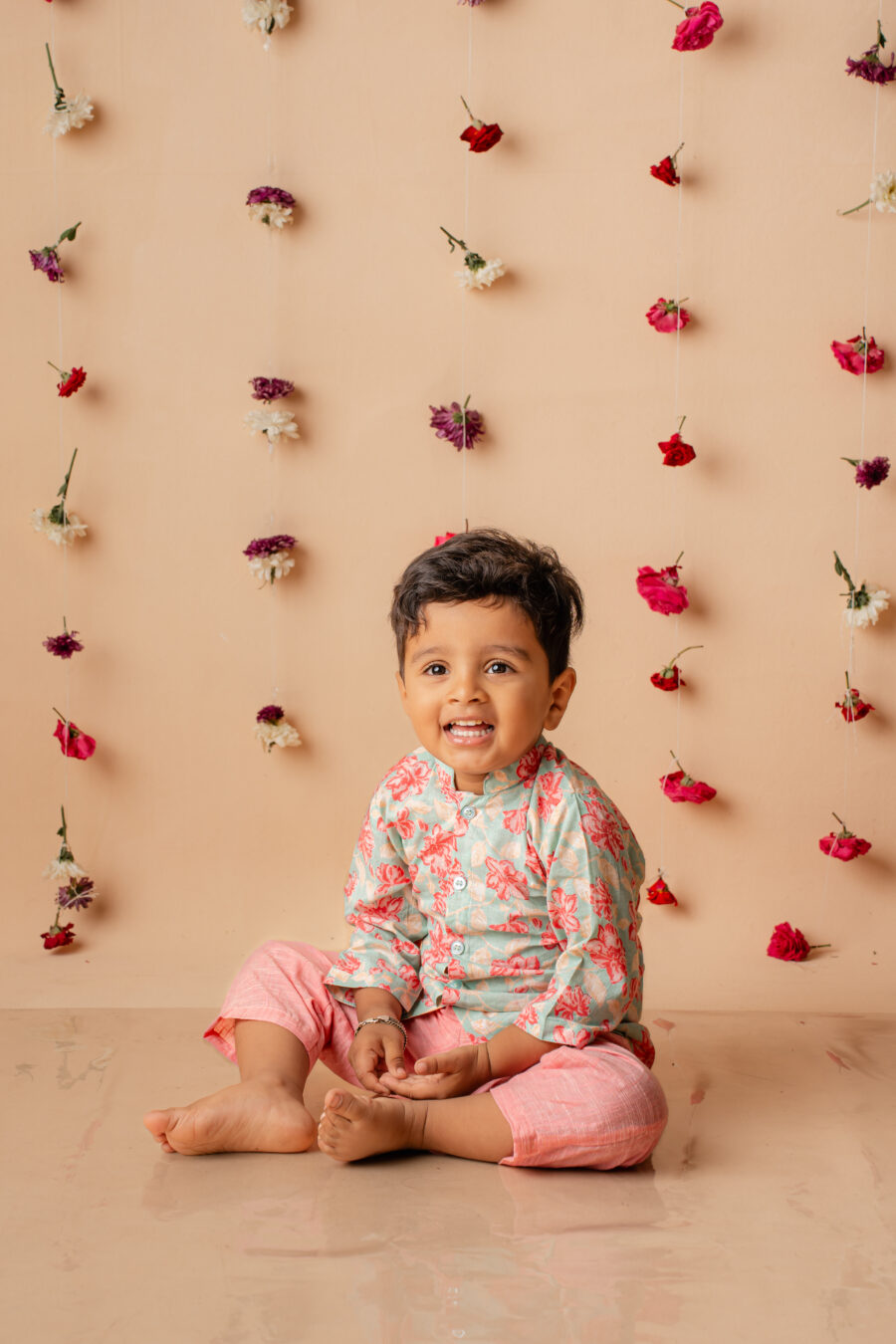 Blue floral kurta top and pant set for boys - Image 3