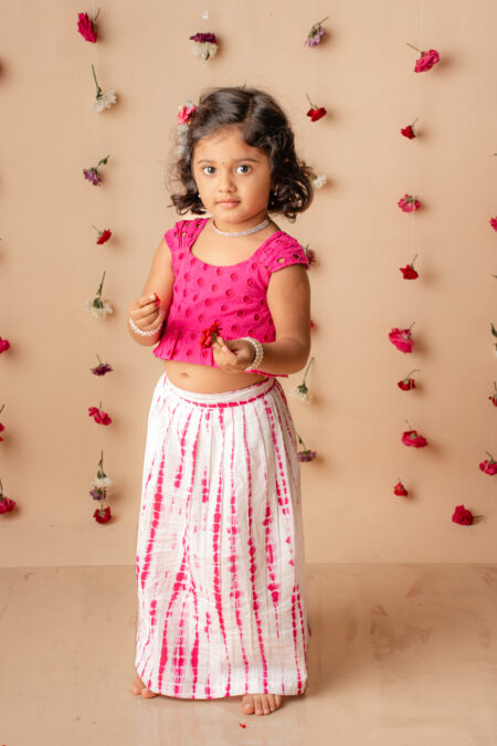 Pink Hakoba top with shibori cotton skirt set