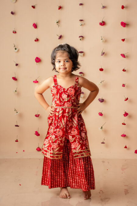 Red floral cotton sharara co-ord set for girls