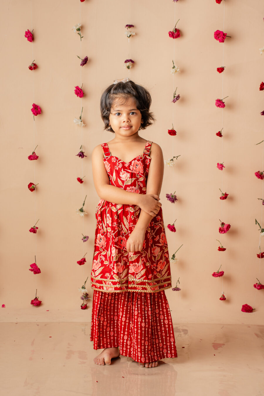 Red floral cotton sharara co-ord set for girls - Image 2