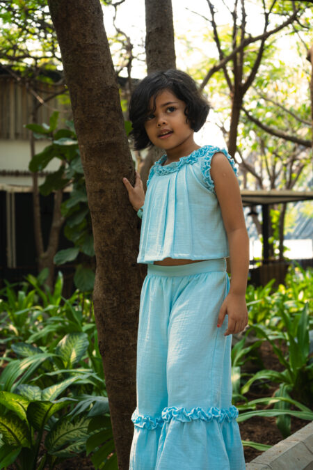 Sky blue Pure Muslin top and pant set for girls