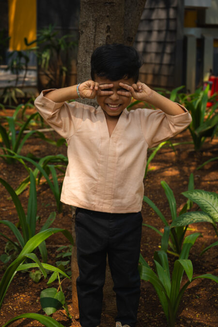 Beige Cotton v-neck striped top for boys