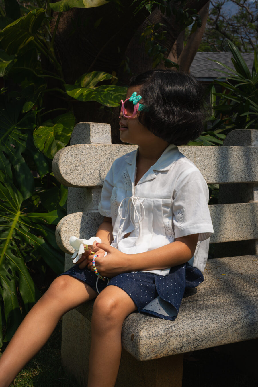 White butterfly hakoba tie top with Denim Skort set - Image 2