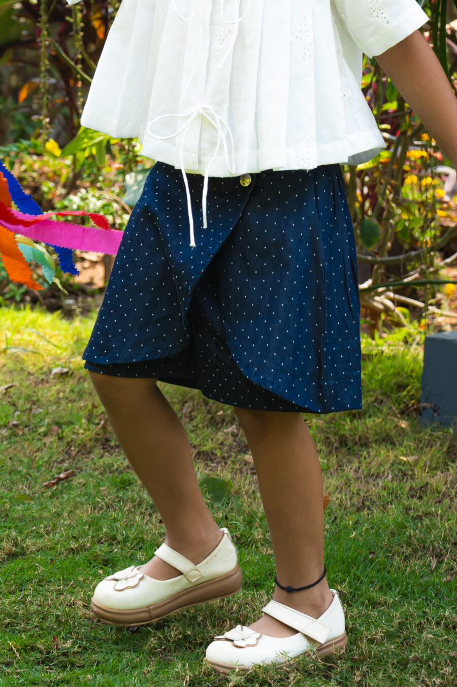 White butterfly hakoba tie top with Denim Skort set - Image 3
