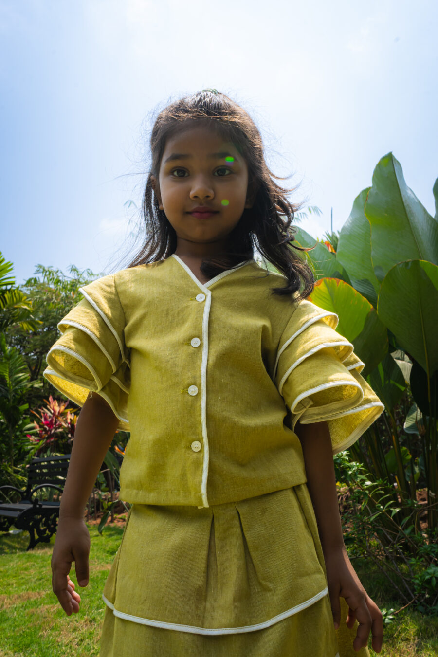 Green linen cotton top and skirt frill set for girls - Image 2