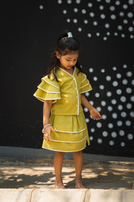 Green linen cotton top and skirt frill set for girls