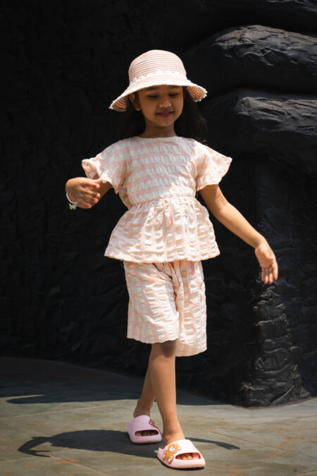 Pink Striped Bow top and shorts co-ord set for girls