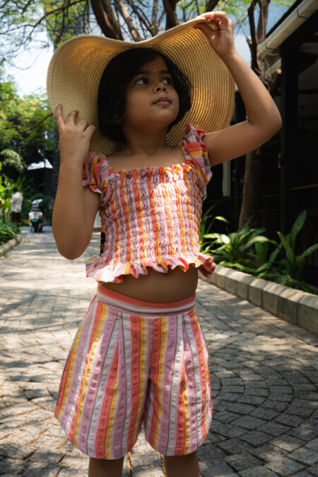 Multicolor Striped crop top with shorts set for girls